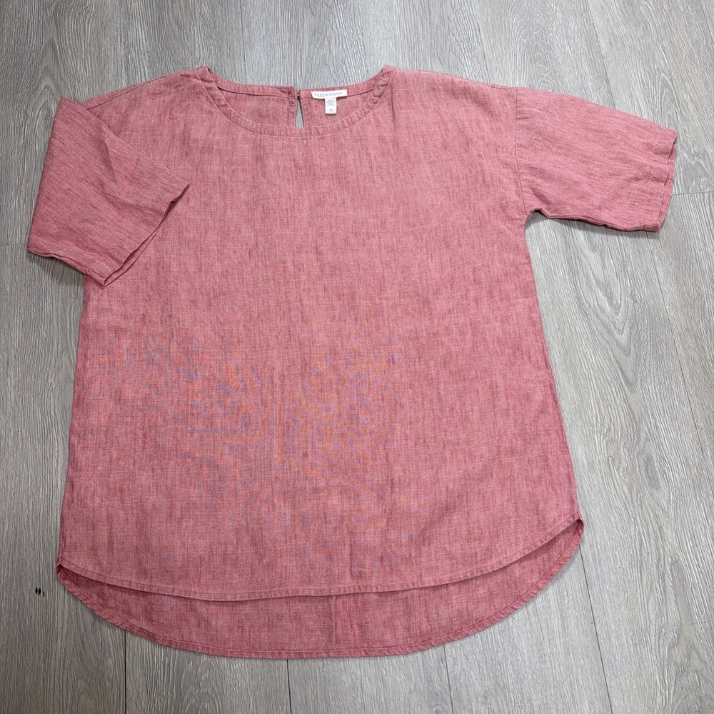 Eileen Fisher Organic Linen Delave Box-Top Short Sleeve Blouse Colorful Summer S